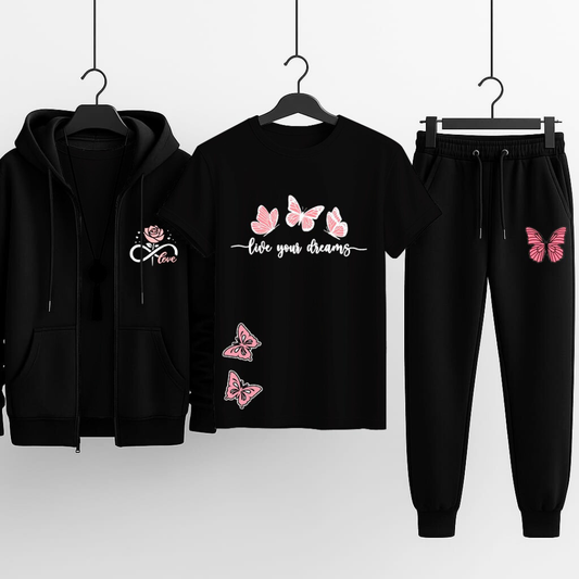 Premium Hooded Zipper Tracksuit for Women | Pack of 3 (Hoodie + T-Shirt + Trouser) | Winter Sports & Casual Wear