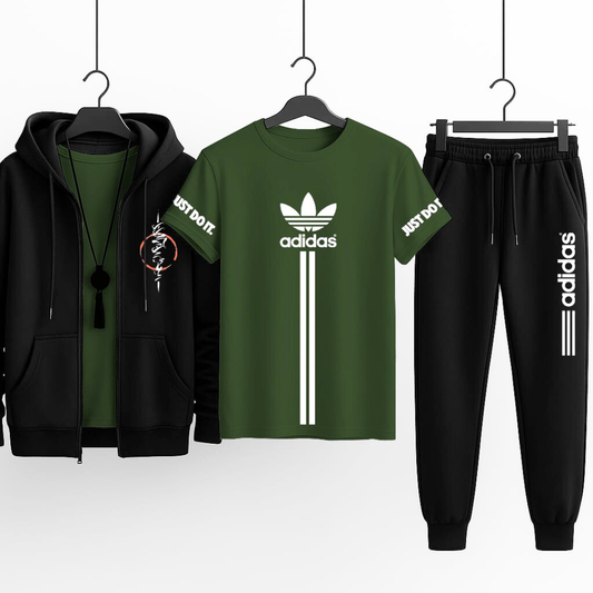3-Piece Hooded Zipper Tracksuit Set | Premium Winter Outfit – Hoodie, T-Shirt & Trouser Combo