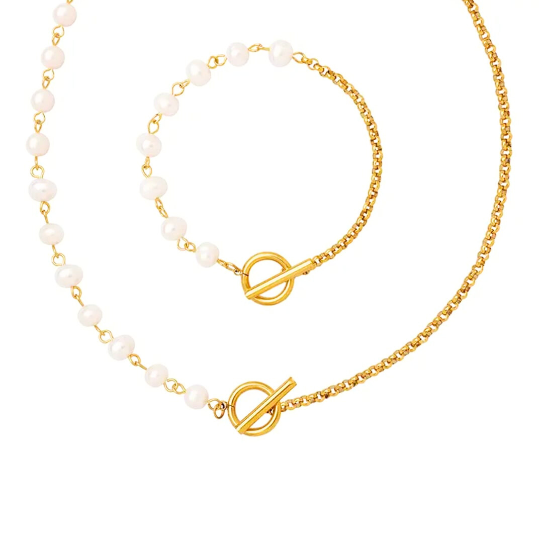 Gold & Pearl Jewelry Set – Elegant Chain & Matching Bracelet
