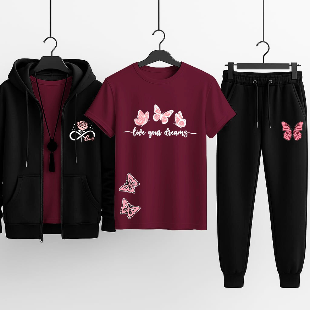 Premium Hooded Zipper Tracksuit for Women | Pack of 3 (Hoodie + T-Shirt + Trouser) | Winter Sports & Casual Wear