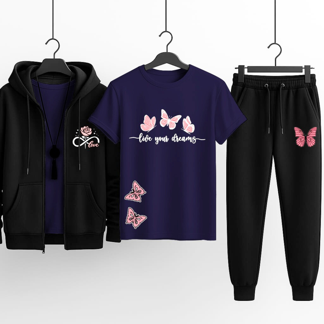 Premium Hooded Zipper Tracksuit for Women | Pack of 3 (Hoodie + T-Shirt + Trouser) | Winter Sports & Casual Wear