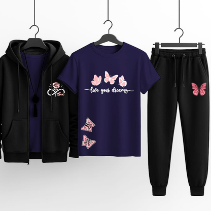 Premium Hooded Zipper Tracksuit for Women | Pack of 3 (Hoodie + T-Shirt + Trouser) | Winter Sports & Casual Wear