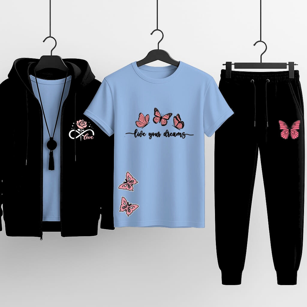 Premium Hooded Zipper Tracksuit for Women | Pack of 3 (Hoodie + T-Shirt + Trouser) | Winter Sports & Casual Wear