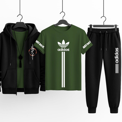 3-Piece Hooded Zipper Tracksuit Set  | Premium Winter Outfit – Hoodie, T-Shirt & Trouser Combo