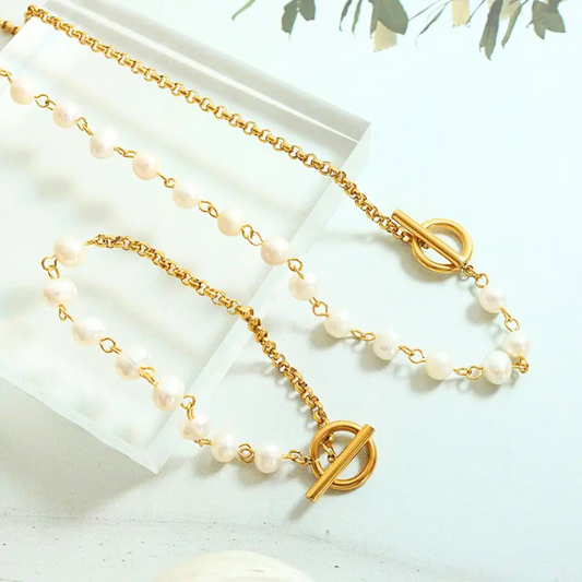 Gold & Pearl Jewelry Set – Elegant Chain & Matching Bracelet