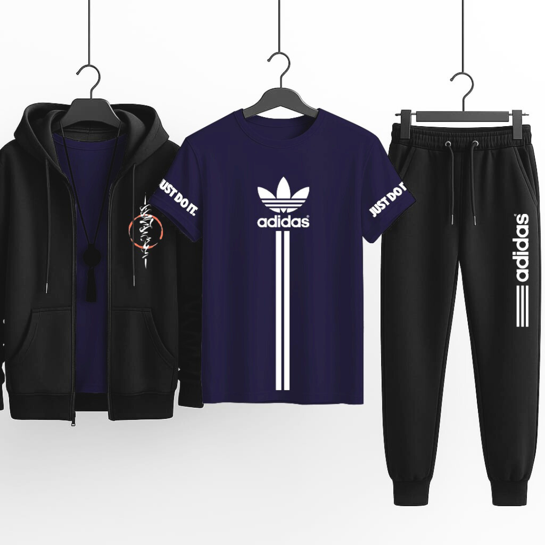 3-Piece Hooded Zipper Tracksuit Set  | Premium Winter Outfit – Hoodie, T-Shirt & Trouser Combo