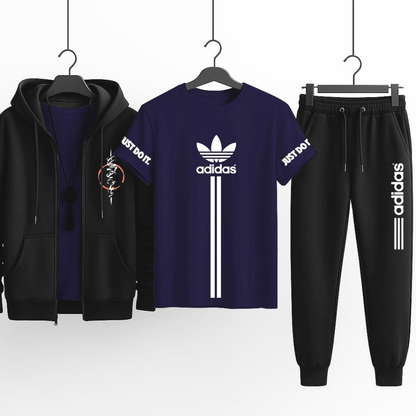 3-Piece Hooded Zipper Tracksuit Set  | Premium Winter Outfit – Hoodie, T-Shirt & Trouser Combo