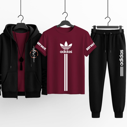 3-Piece Hooded Zipper Tracksuit Set  | Premium Winter Outfit – Hoodie, T-Shirt & Trouser Combo