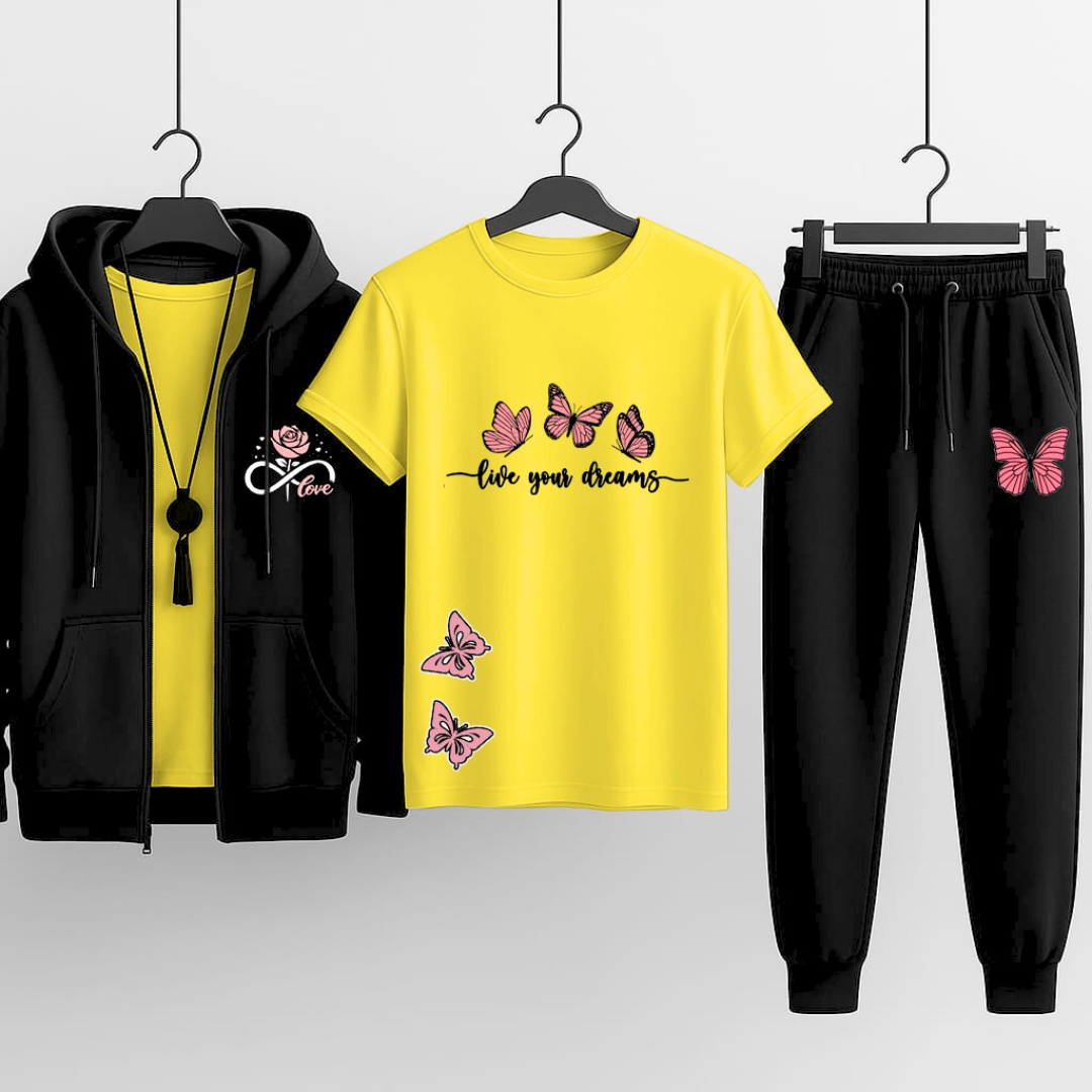 Premium Hooded Zipper Tracksuit for Women | Pack of 3 (Hoodie + T-Shirt + Trouser) | Winter Sports & Casual Wear