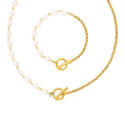 Gold & Pearl Jewelry Set – Elegant Chain & Matching Bracelet
