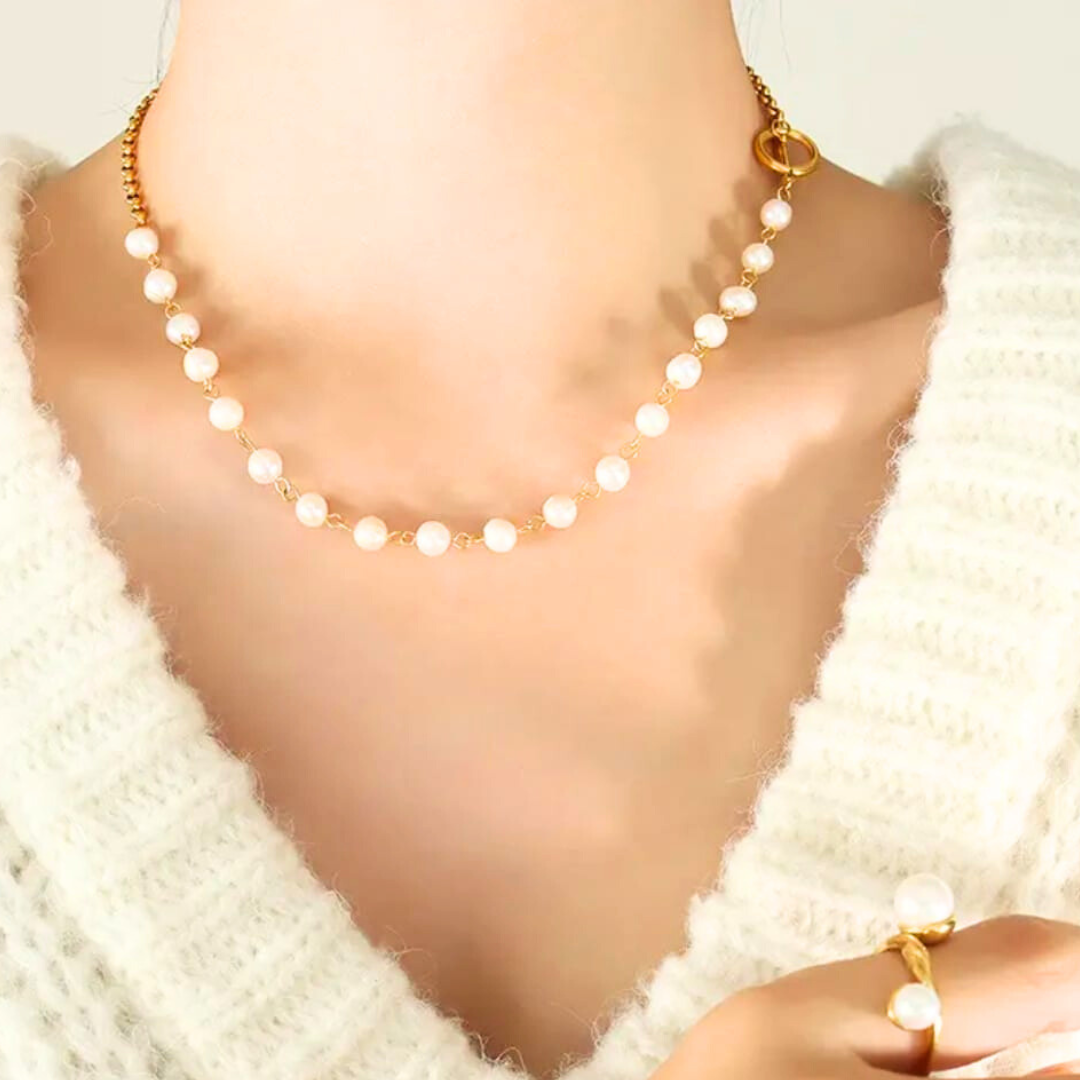Gold & Pearl Jewelry Set – Elegant Chain & Matching Bracelet