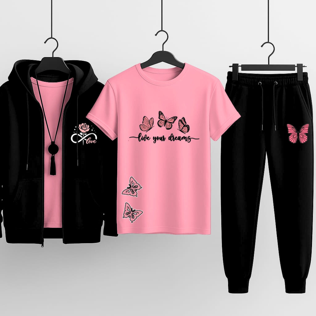 Premium Hooded Zipper Tracksuit for Women | Pack of 3 (Hoodie + T-Shirt + Trouser) | Winter Sports & Casual Wear