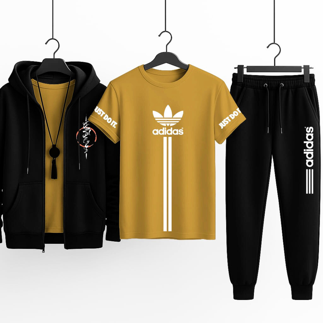 3-Piece Hooded Zipper Tracksuit Set  | Premium Winter Outfit – Hoodie, T-Shirt & Trouser Combo