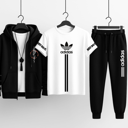 3-Piece Hooded Zipper Tracksuit Set  | Premium Winter Outfit – Hoodie, T-Shirt & Trouser Combo