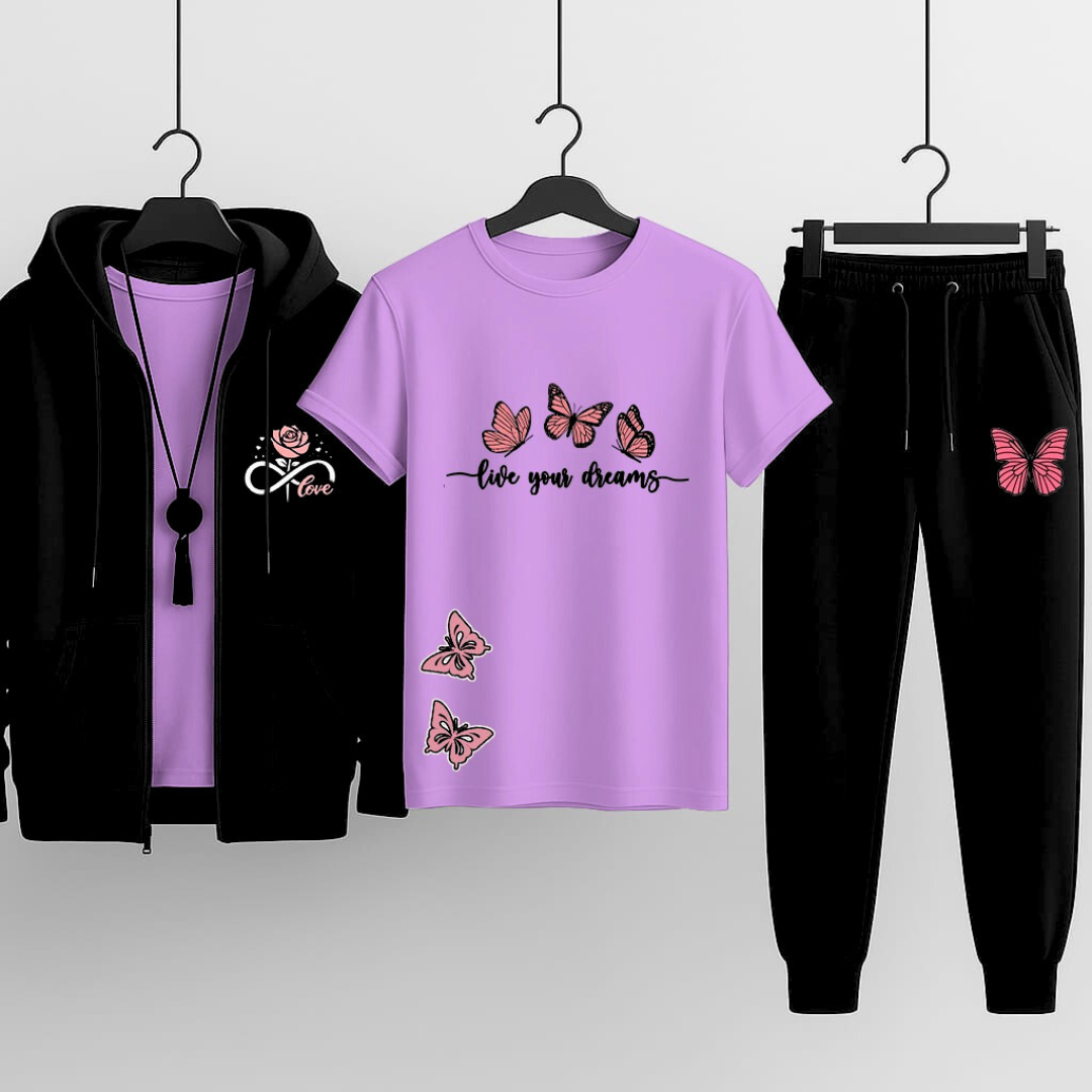 Premium Hooded Zipper Tracksuit for Women | Pack of 3 (Hoodie + T-Shirt + Trouser) | Winter Sports & Casual Wear