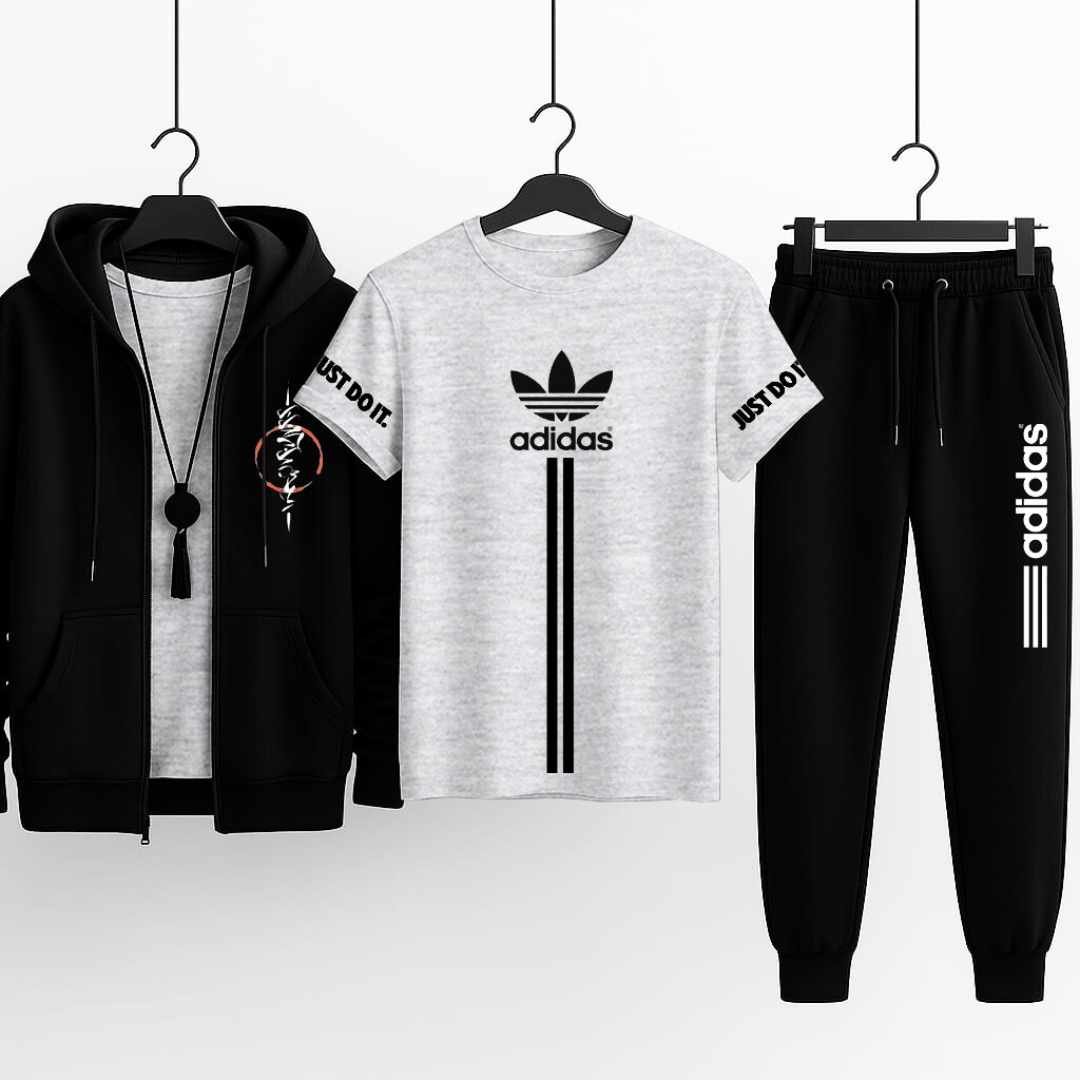 3-Piece Hooded Zipper Tracksuit Set  | Premium Winter Outfit – Hoodie, T-Shirt & Trouser Combo