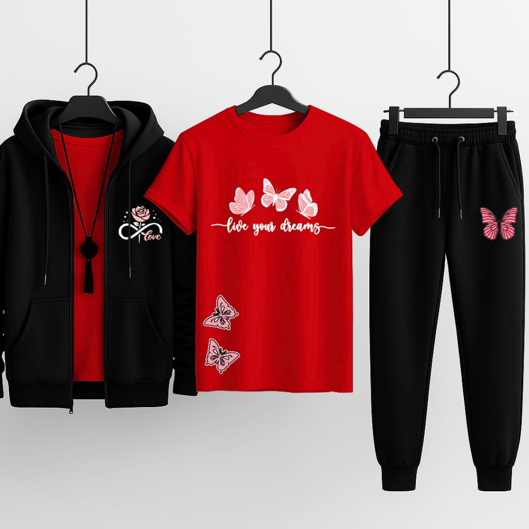 Premium Hooded Zipper Tracksuit for Women | Pack of 3 (Hoodie + T-Shirt + Trouser) | Winter Sports & Casual Wear