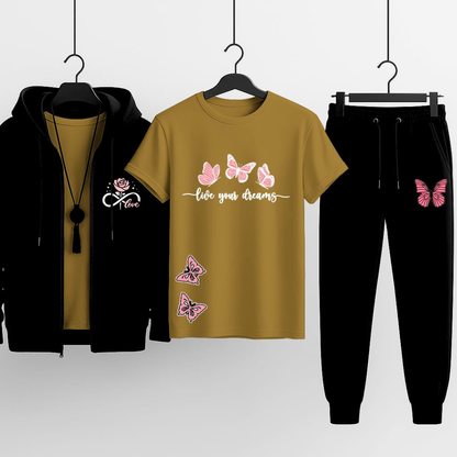 Premium Hooded Zipper Tracksuit for Women | Pack of 3 (Hoodie + T-Shirt + Trouser) | Winter Sports & Casual Wear