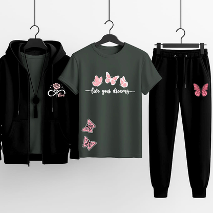 Premium Hooded Zipper Tracksuit for Women | Pack of 3 (Hoodie + T-Shirt + Trouser) | Winter Sports & Casual Wear