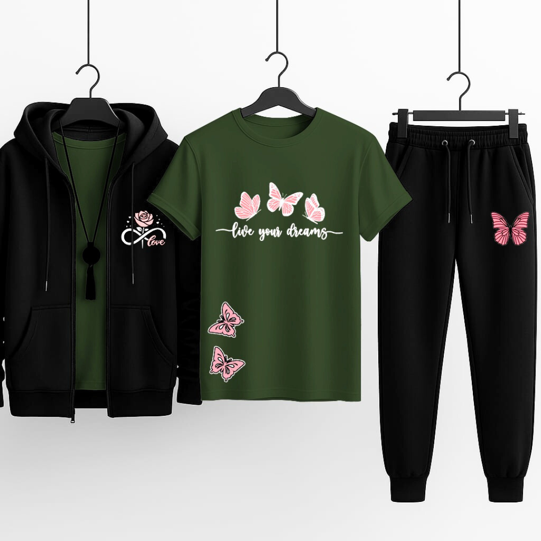 Premium Hooded Zipper Tracksuit for Women | Pack of 3 (Hoodie + T-Shirt + Trouser) | Winter Sports & Casual Wear