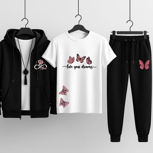 Premium Hooded Zipper Tracksuit for Women | Pack of 3 (Hoodie + T-Shirt + Trouser) | Winter Sports & Casual Wear